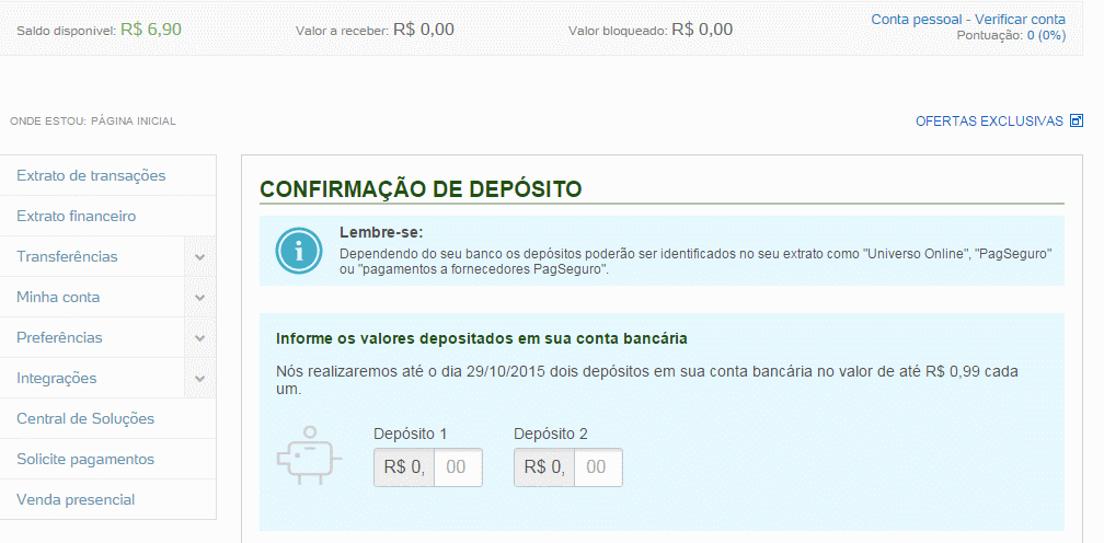 deposito cartão de crédito verificação PagSeguro