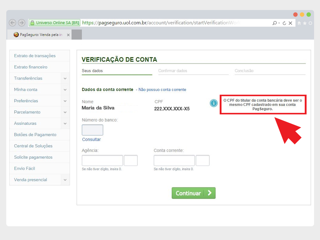 criterios para verificacao da conta