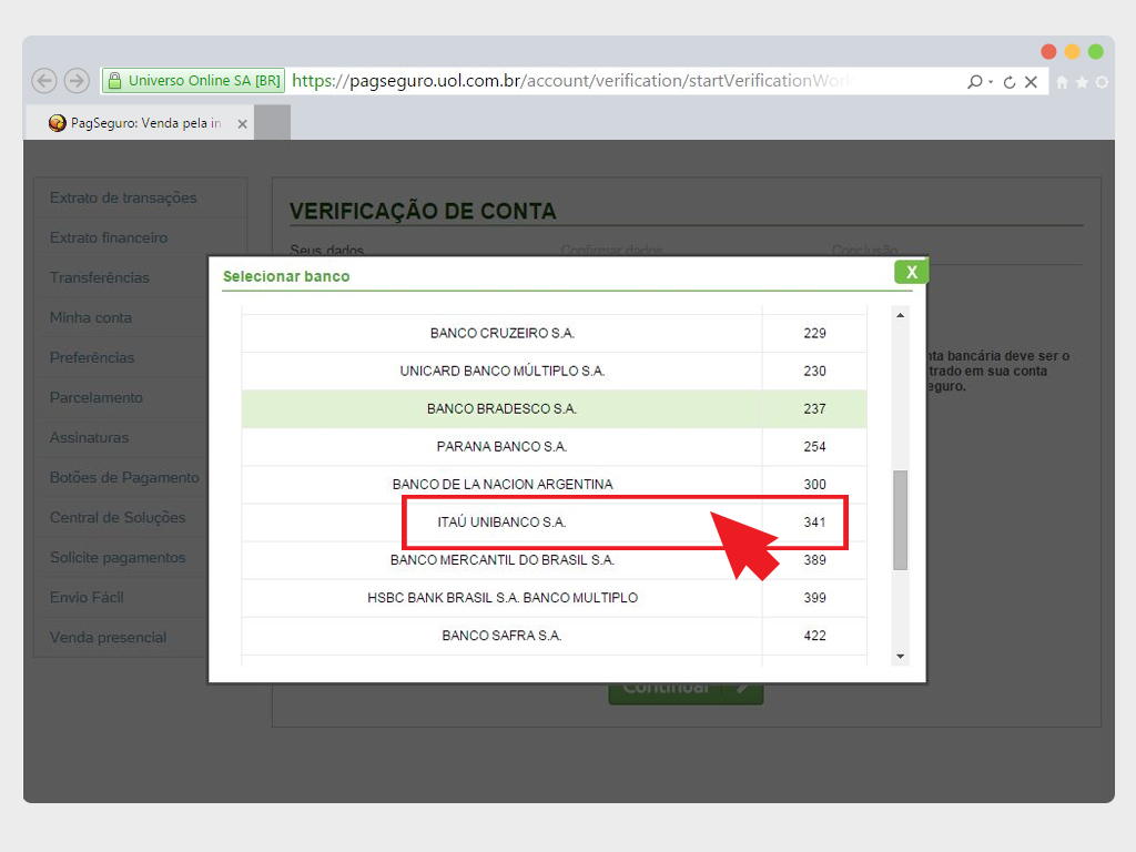 informacao de banco na conta pagseguro