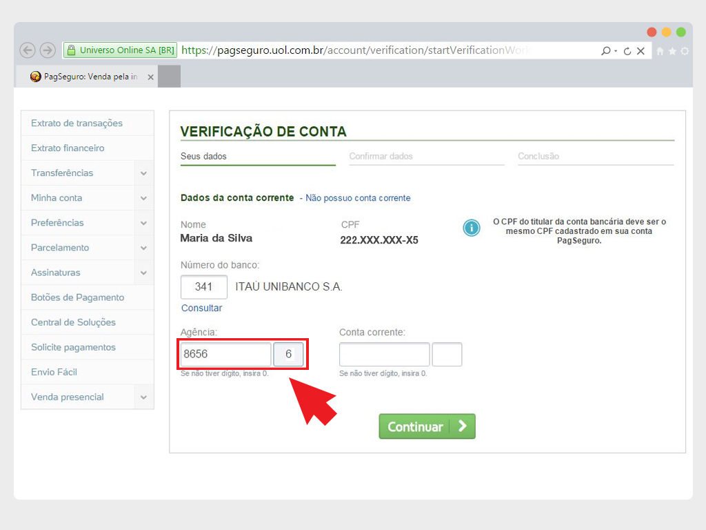 digito na verificacao de conta
