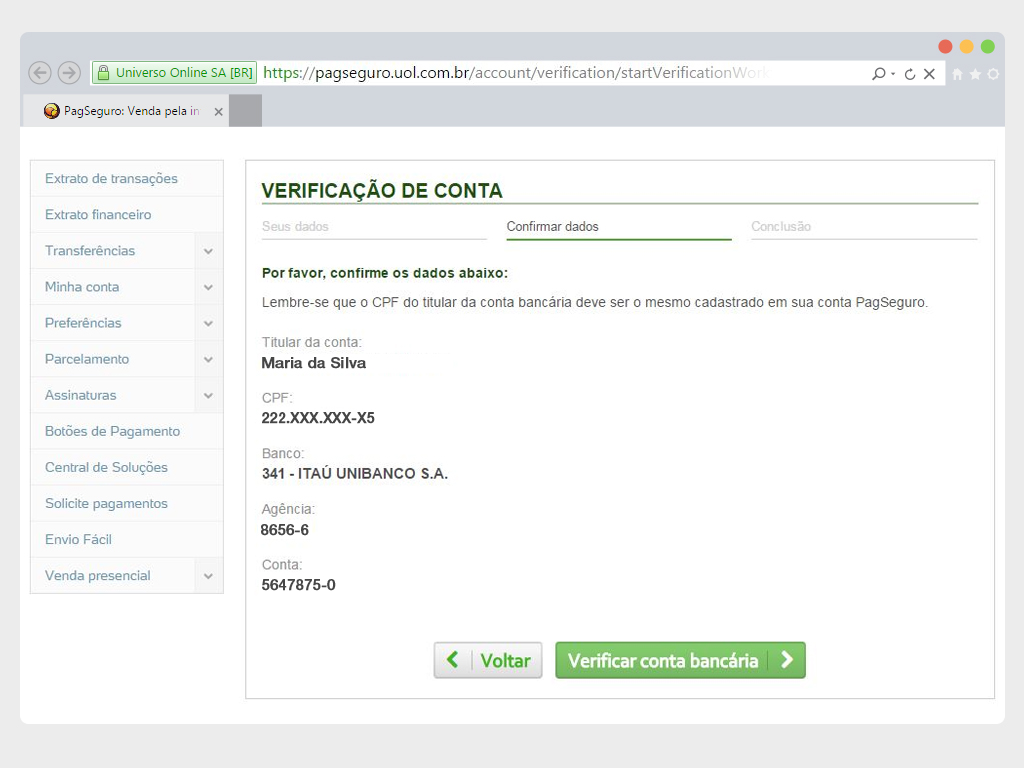 verificar conta PagSeguro para saque de dinheiro